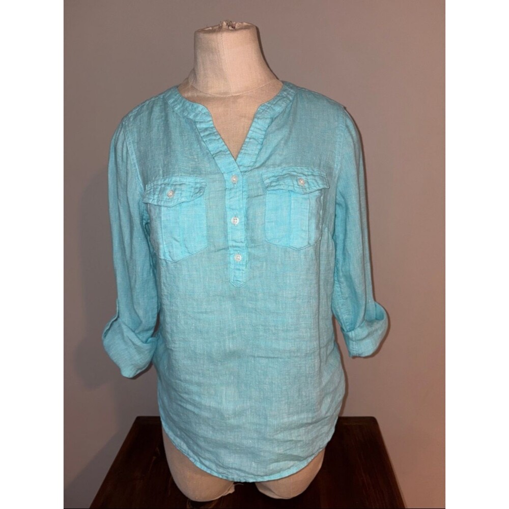 Talbots Linen Band Collar Popover Top Size P / XS Petite